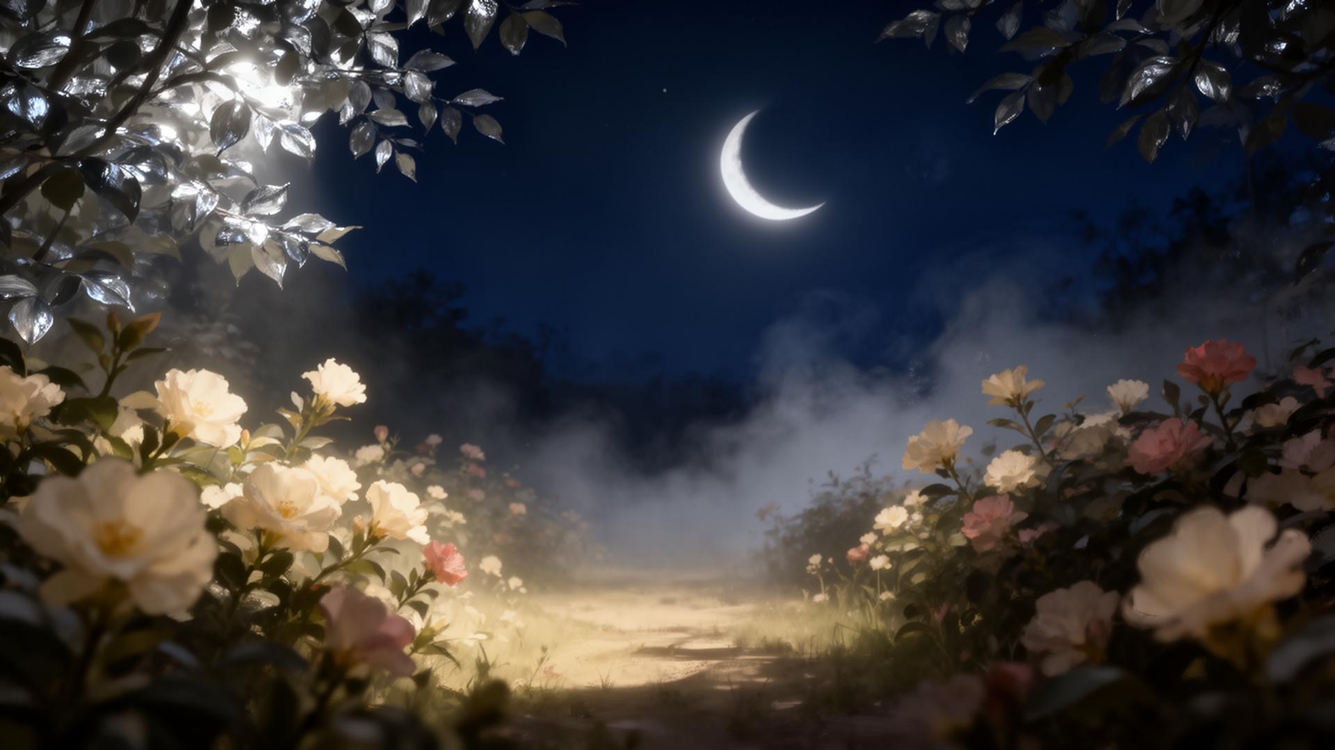 Moonlit night garden with soft mist and night-blooming flowers
