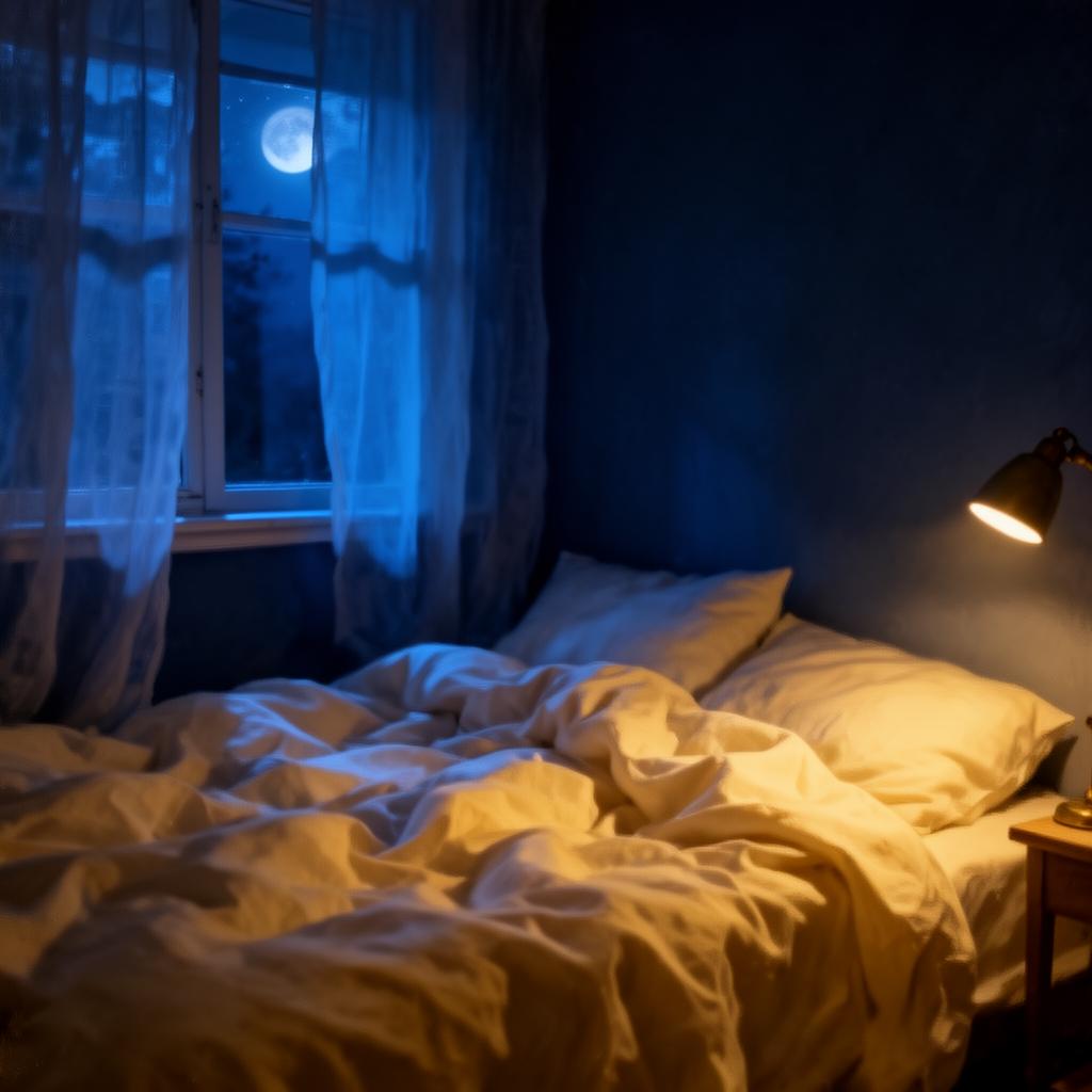 A peaceful bedroom under blue moonlight