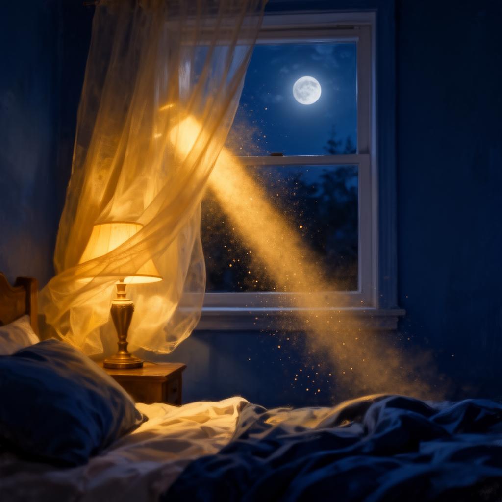 A warm lamp glowing through soft curtains at night